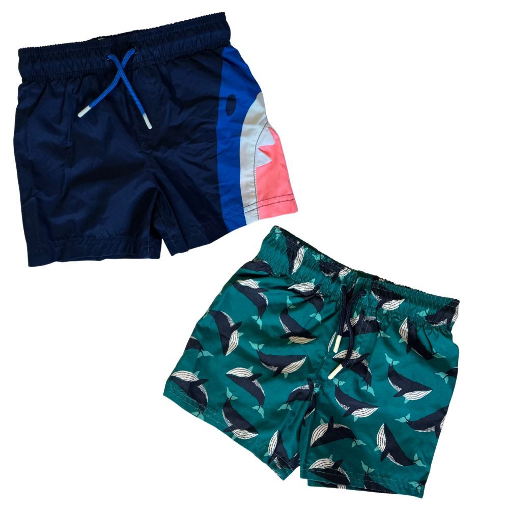 Toddler Swim Trunks Size 2T Drawstring Lined Whale & Shark Cat & Jack - Set of 2